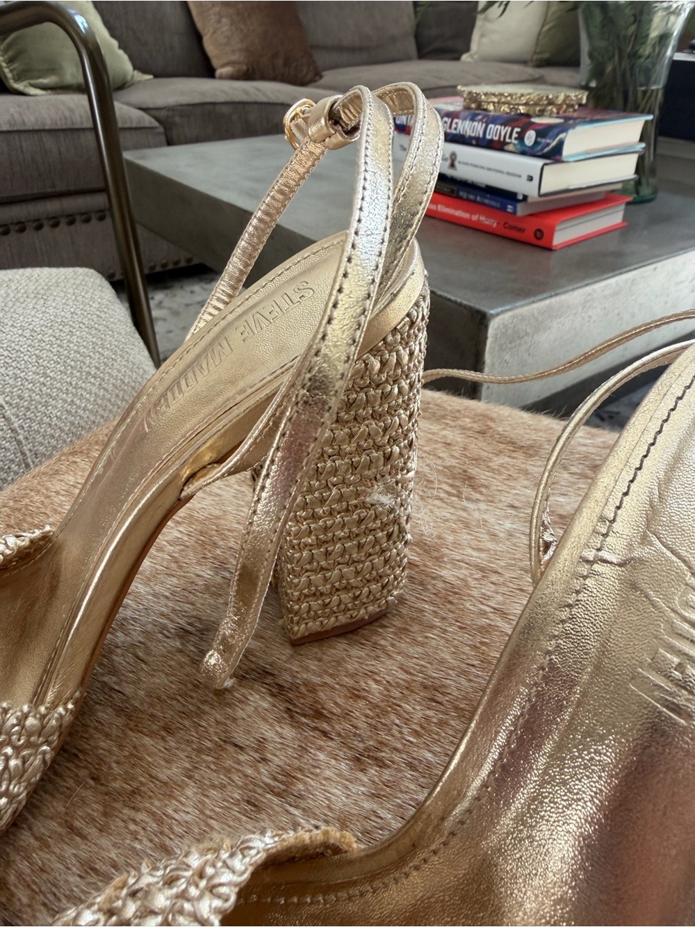 Steve Madden Metallic Gold Braided Block Heel Sandals with Knot and Orb Detail - Picture 6 of 9